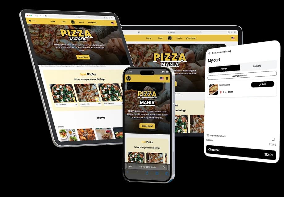 The Eatsy Orders liquor-store ordering microsite shown across laptop, tablet and phone — the storefront guests browse and order from.