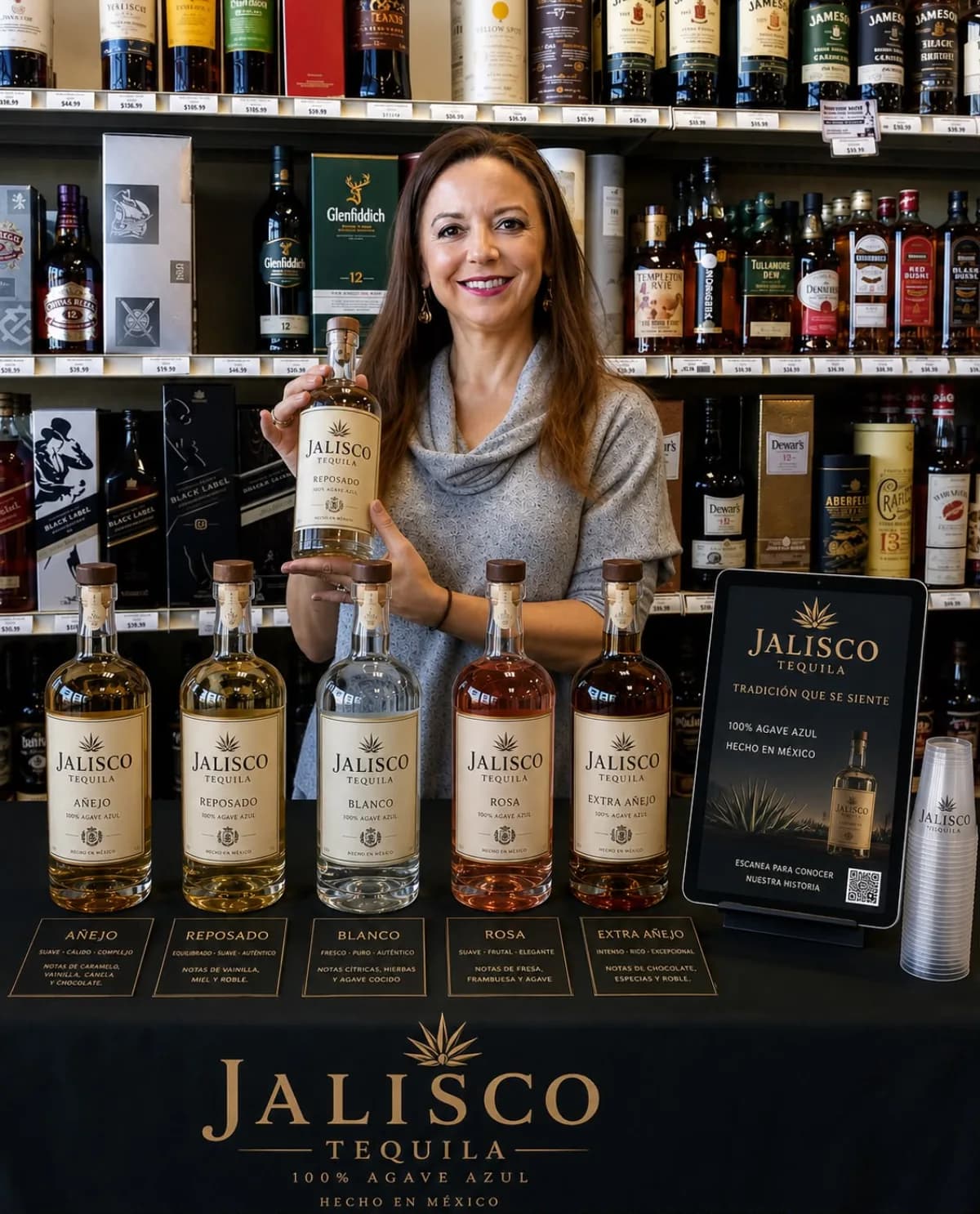 A bilingual ambassador presenting a full tequila lineup at an in-store tasting, a wall of bottles behind the counter and a branded tasting tablet alongside.