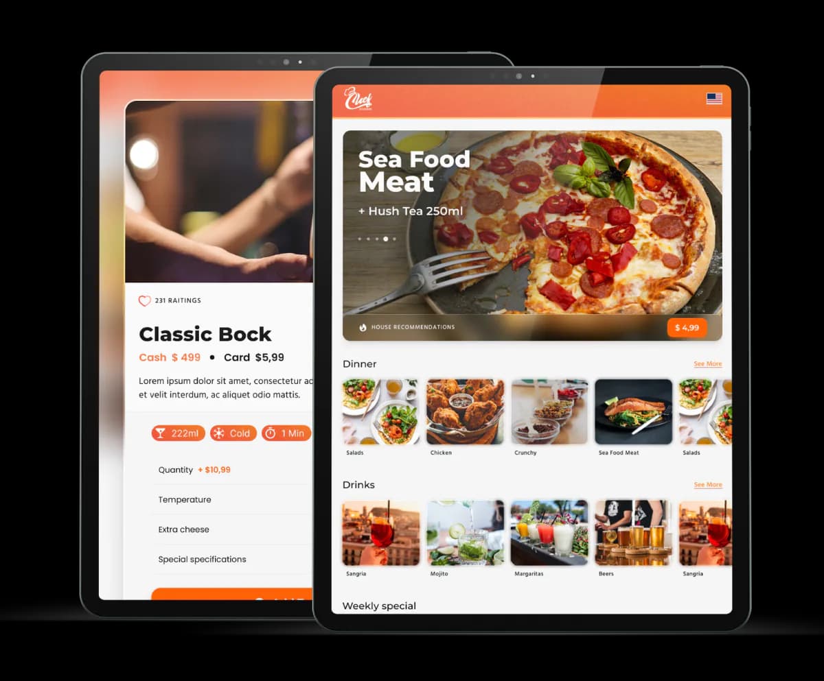 Two tablets running live Eatsy Orders digital menus — photographed dishes, drinks, and prices guests browse and order from directly.